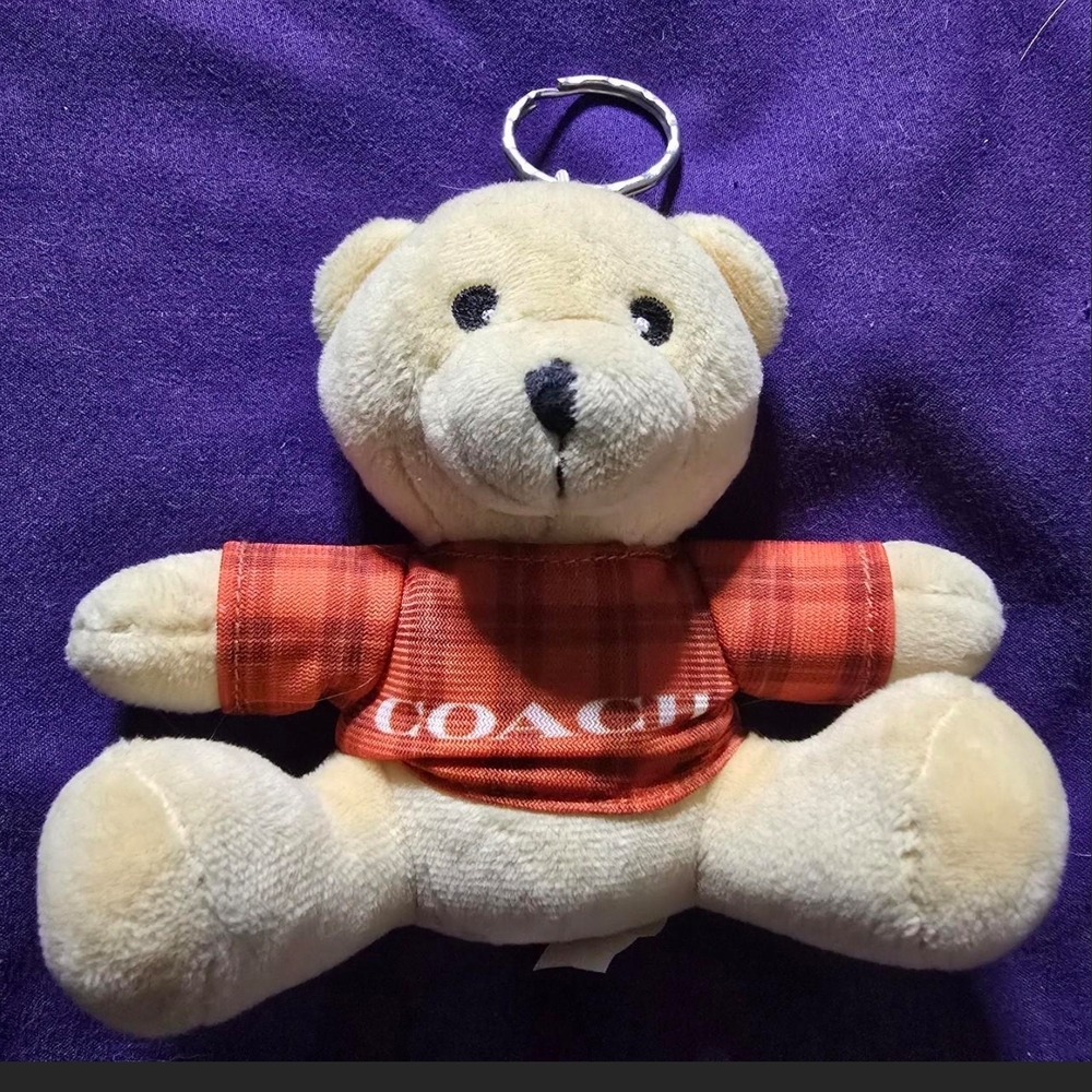 COACH Plush Bear Keychain in Cream with Red Plaid Shirt
